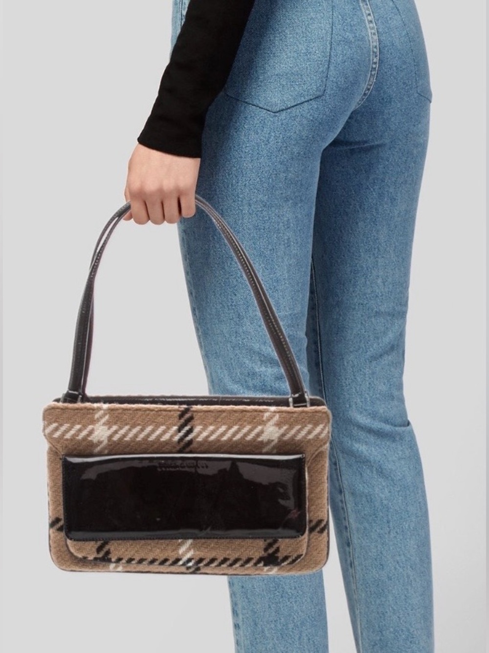 DOLCE & GABBANA Tweed Plaid Shoulder Bag Baguette Wool Neutrals Black Patent VTG